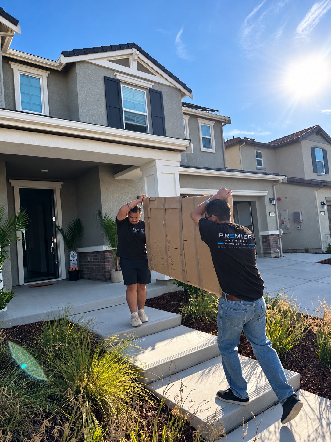 Two Premier American movers in branded uniforms carrying a large protected item outside a home