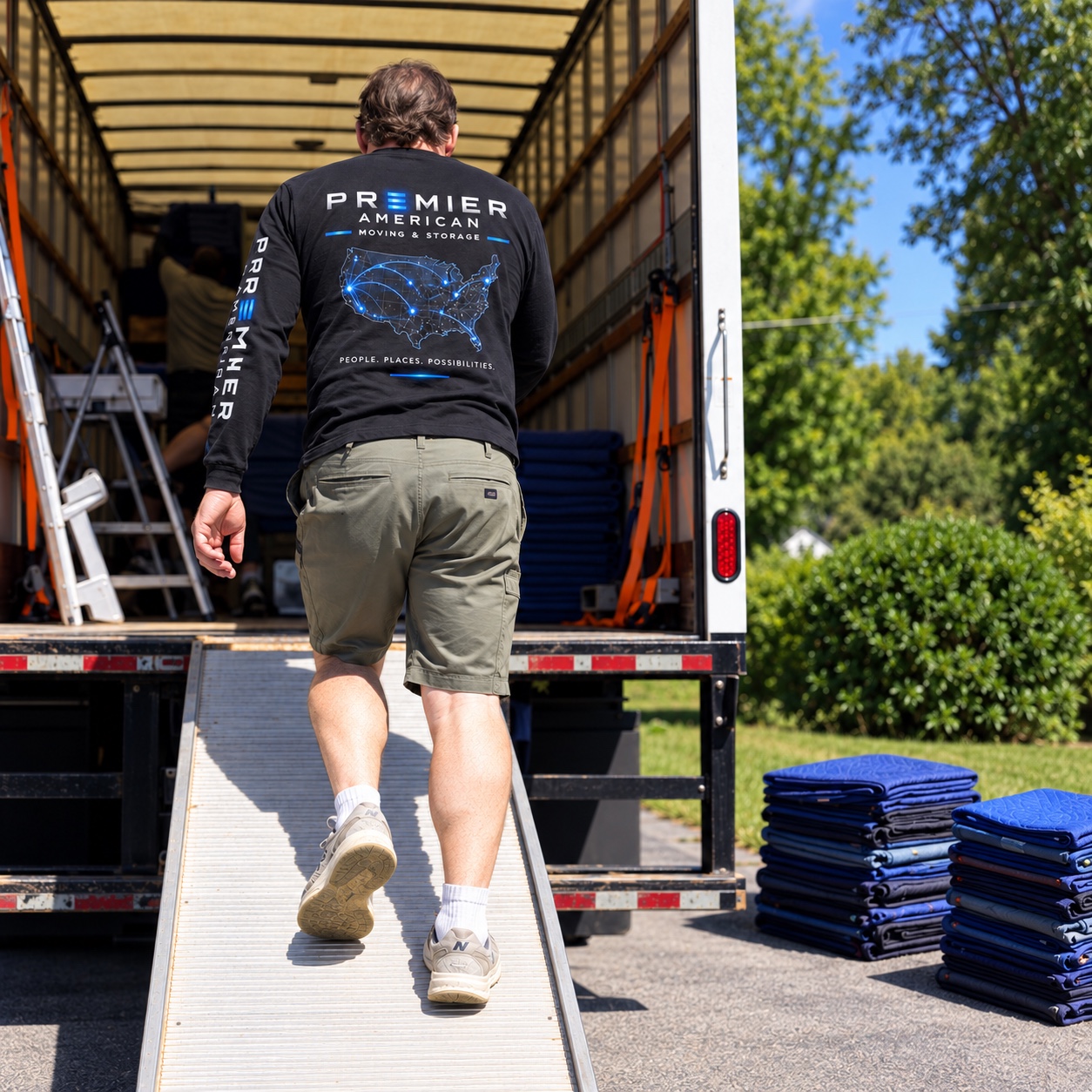 Premier American mover walking up a truck ramp in a branded uniform, with neatly stacked blue moving blankets beside the truck